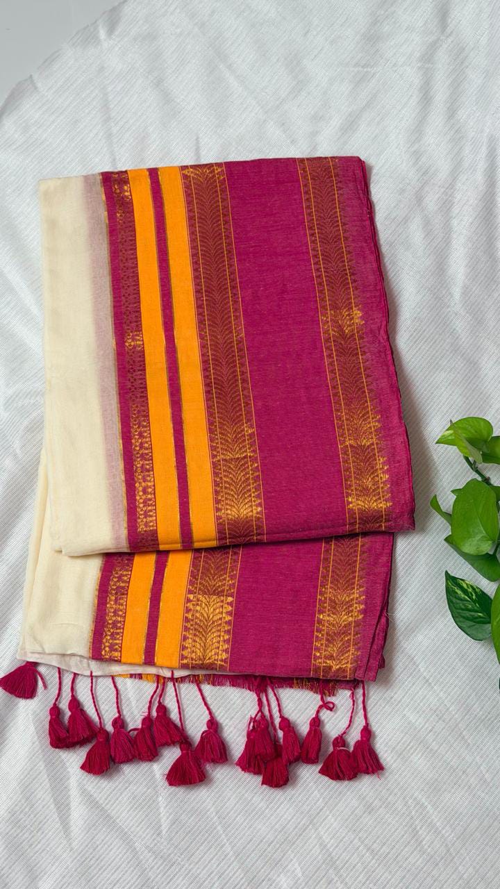 Mul cotton white with pink and yellow