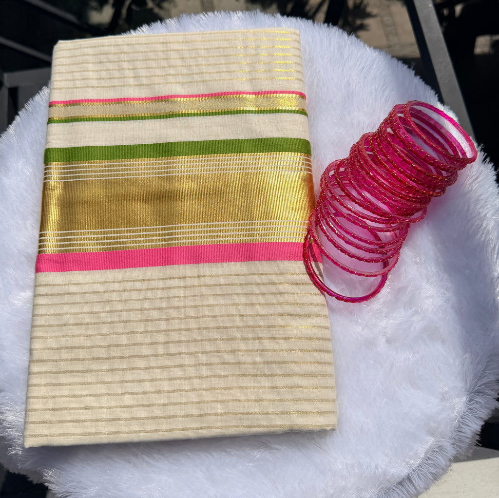 Onam - Kasavu with Pink and Green