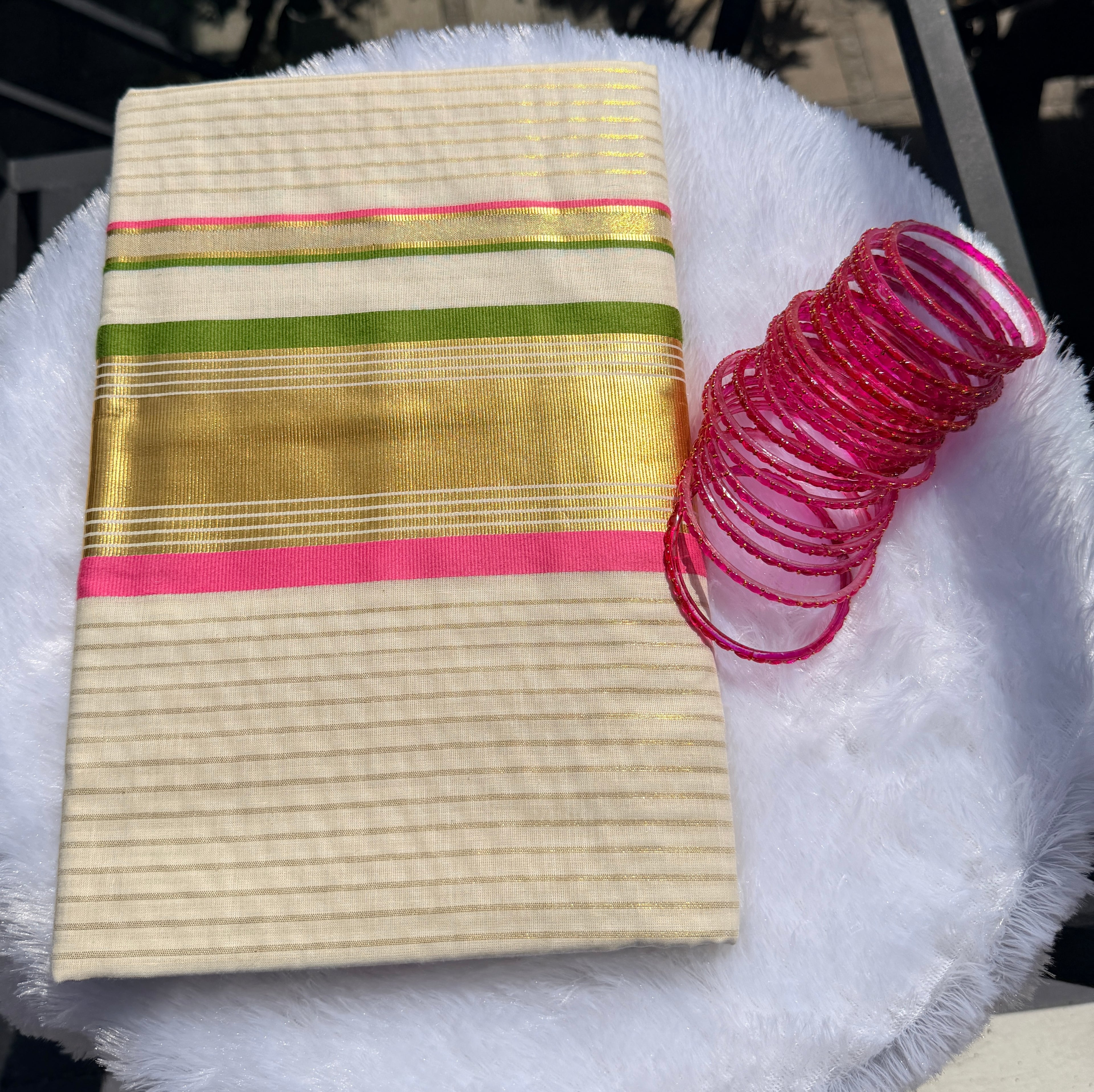 Onam - Kasavu with Pink and Green