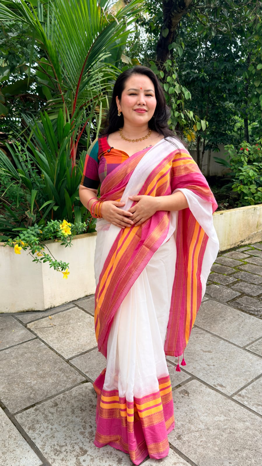 Mul cotton white with pink and yellow
